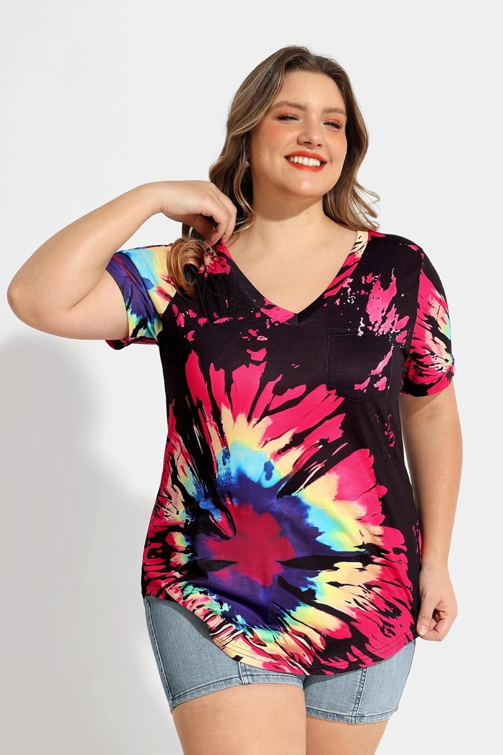 RITERA Plus Size Tops for Women Tie Dye Summer T Shirts V Neck Short Sleeve Casual Tee Tops with Front Pocket XL-5XL - Image 3