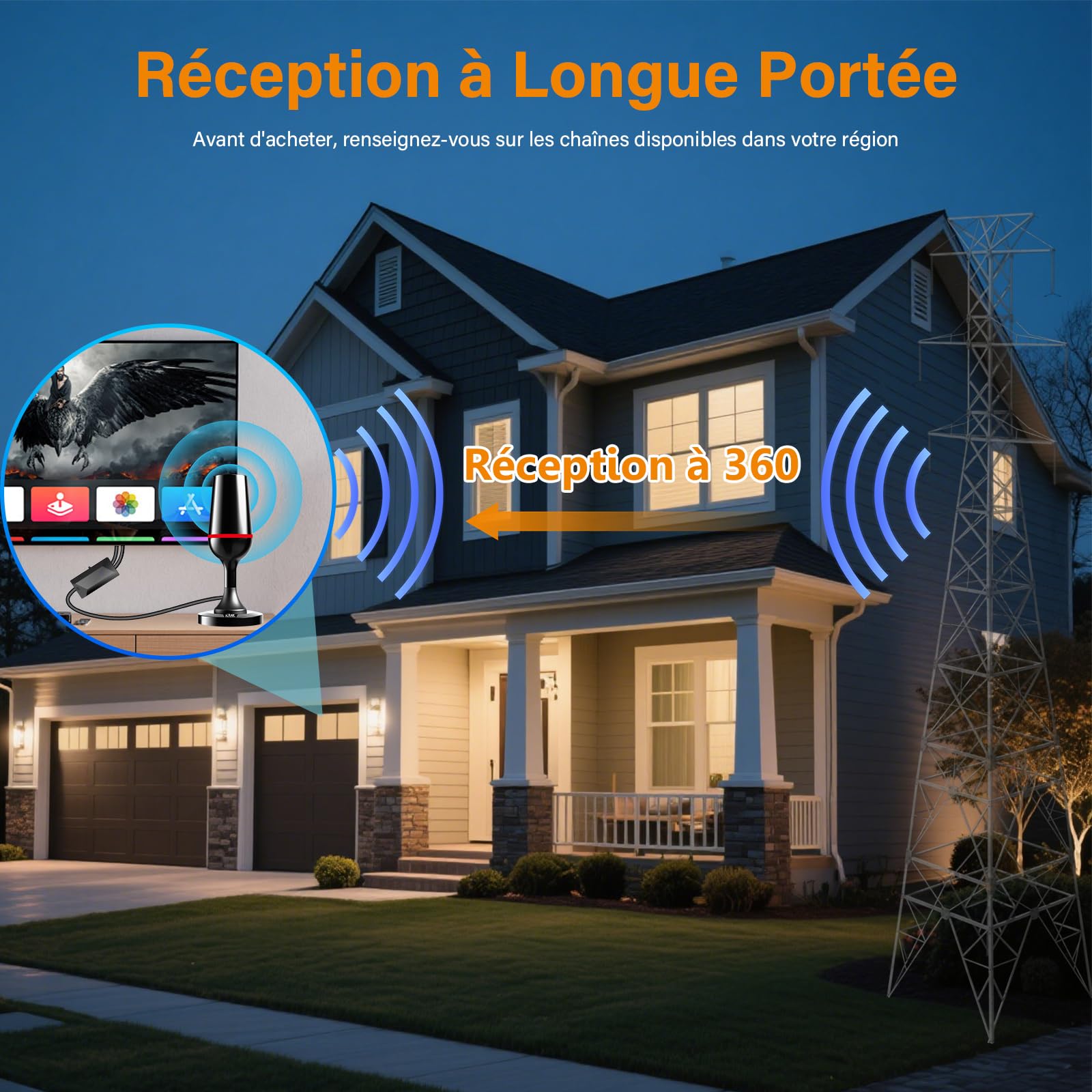 Antenne TV intérieur puissante,Antenne TNT intérieure équipée d'un amplificateur de Signal à Gain élevé,réception Longue Distance jusqu'à 420 km avec Base magnétique pour 1080P 4K DVB-T/T2