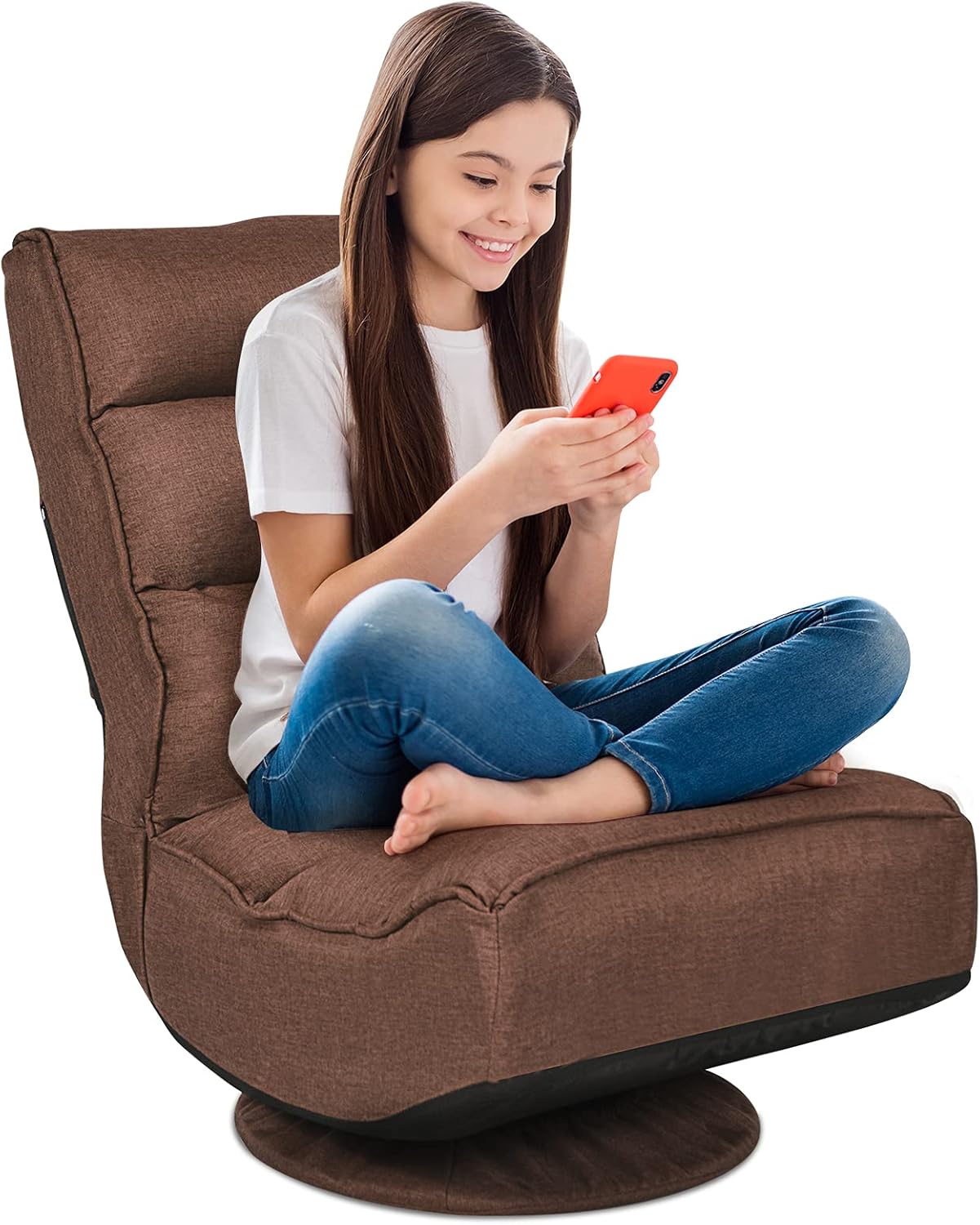 FANTASK 360 Degree Swivel Floor Chair, Folding Floor Sofa w/ 5 Adjustable Positions & Backrest, Lazy Lounge Chair for Relaxing Reading Gaming TV Watching (Brown)