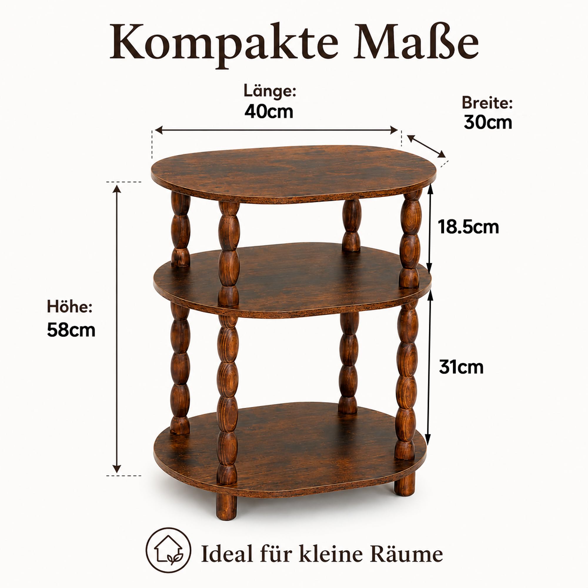 Beistelltisch 3 Ebenen, Oval, Klein, Vintage, Rustikales Braun | Nachttisch, Couchtisch mit Massivholzbeinen, Für Wohnzimmer & Schlafzimmer, 30 x 40 x 57 cm