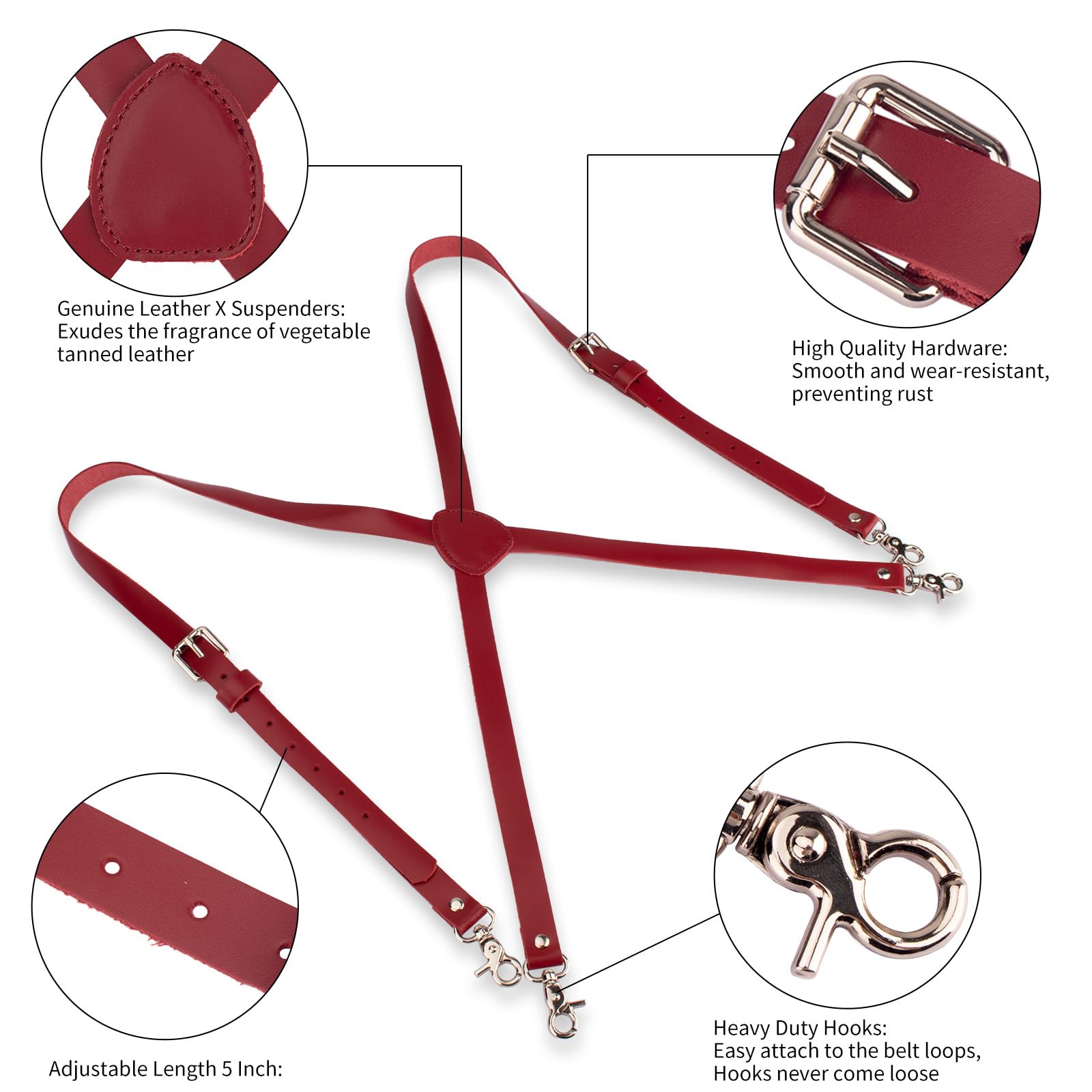 TINIDI Men Suspenders X Back Design Heavy Duty Western Leather Suspenders with 4 Metal Clips Groomsmen Gifts Wedding(Wine Red,L)