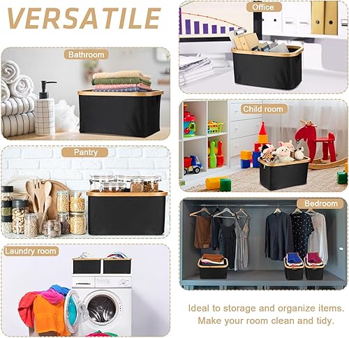 Miniatura 6 de 4 cestas de almacenamiento plegables con asas de bambú de 15 x 10.3 x 7.9 pulgadas, contenedores plegables de tela para organizar estantes, cuarto