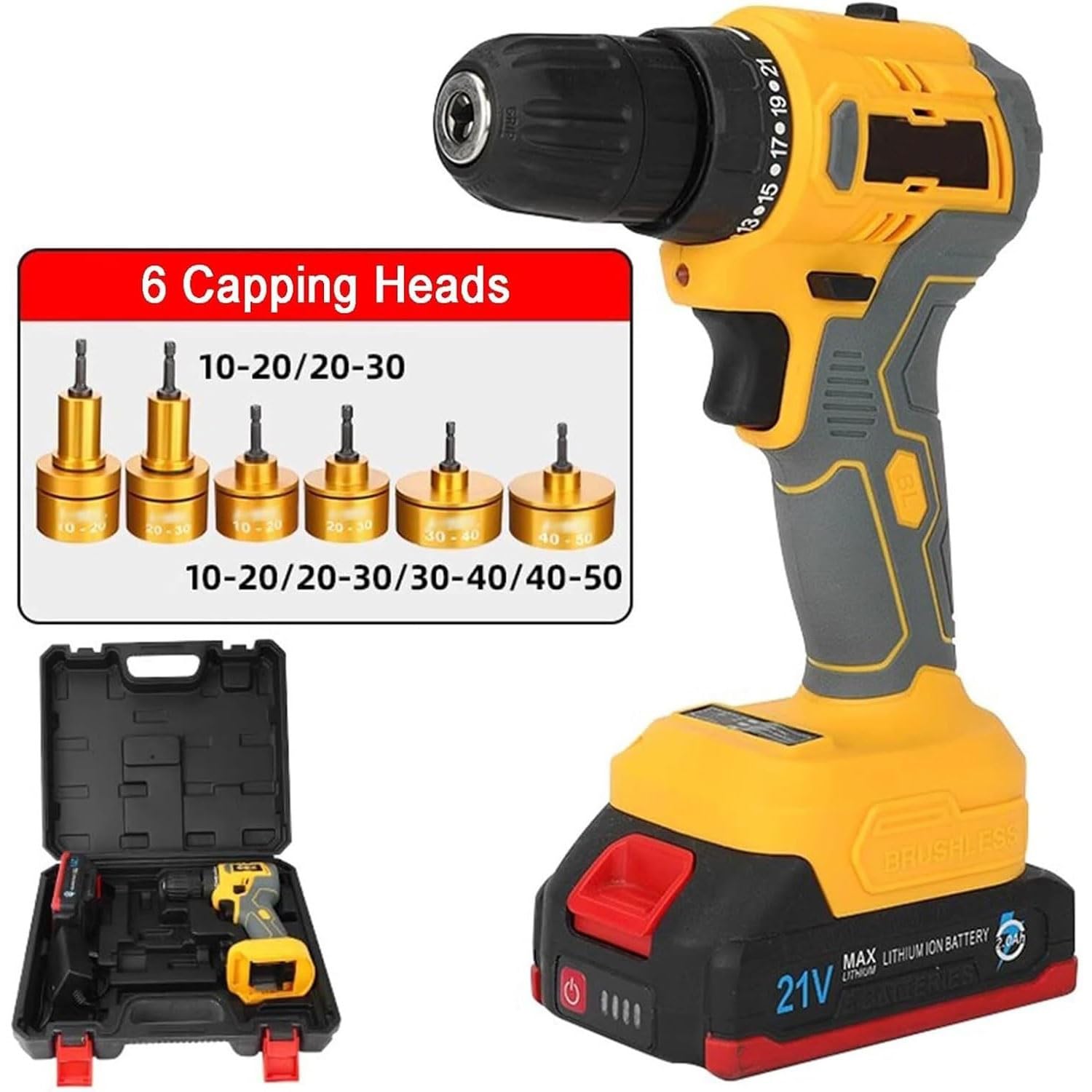 Tappatrice elettrica per bottiglie, tappatrice a vite manuale senza fili con 6 teste, velocità 350-1350 giri/min, batteria 4000 mAh, regolazione a 21 marce per tappi da 10-50 mm