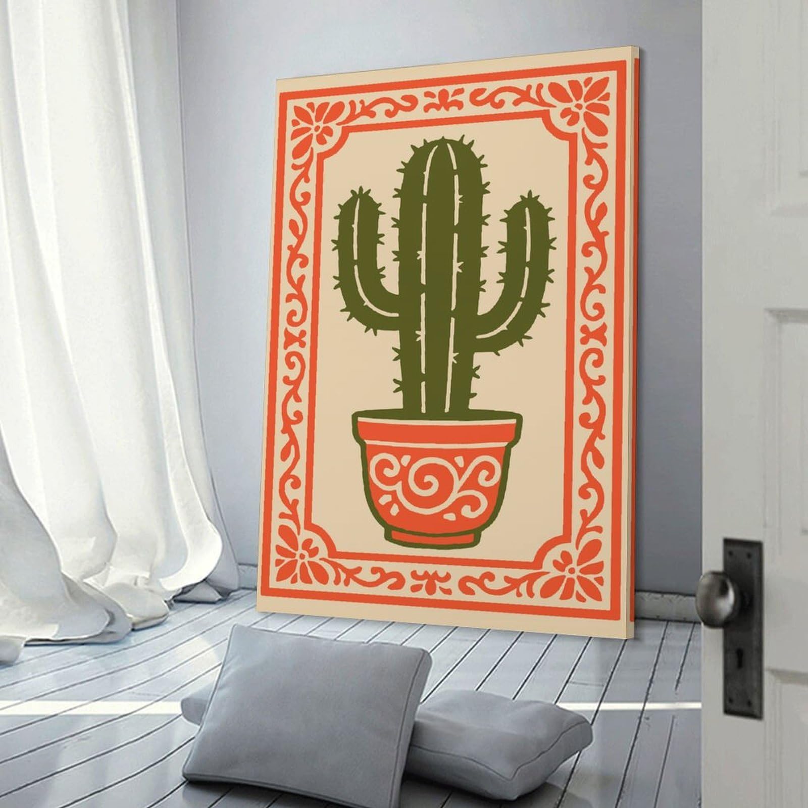 Junmoney Potted Cactus with Decorative Border Home Decor Wall Art 24x36inch(60x90cm), for Restful Interiors, Bedrooms Or Small Rooms, A Warm Accent for Relaxed Interiors
