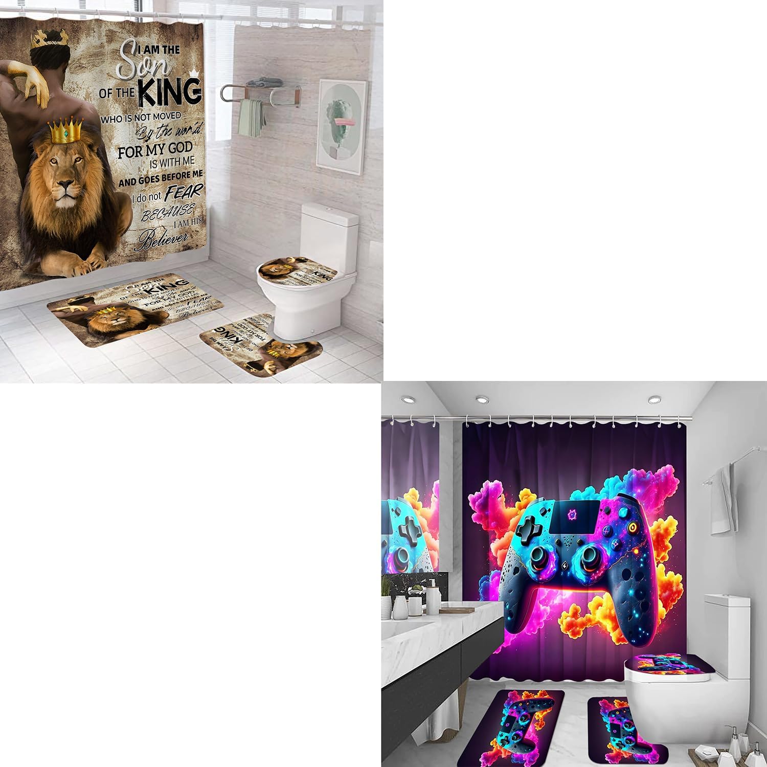 4Pcs Bathroom Shower Curtain Sets, Shower Curtains with Rugs Toilet Lid Cover Bath Mat, Waterproof Fabric Home Decorations Bath Mat Sets