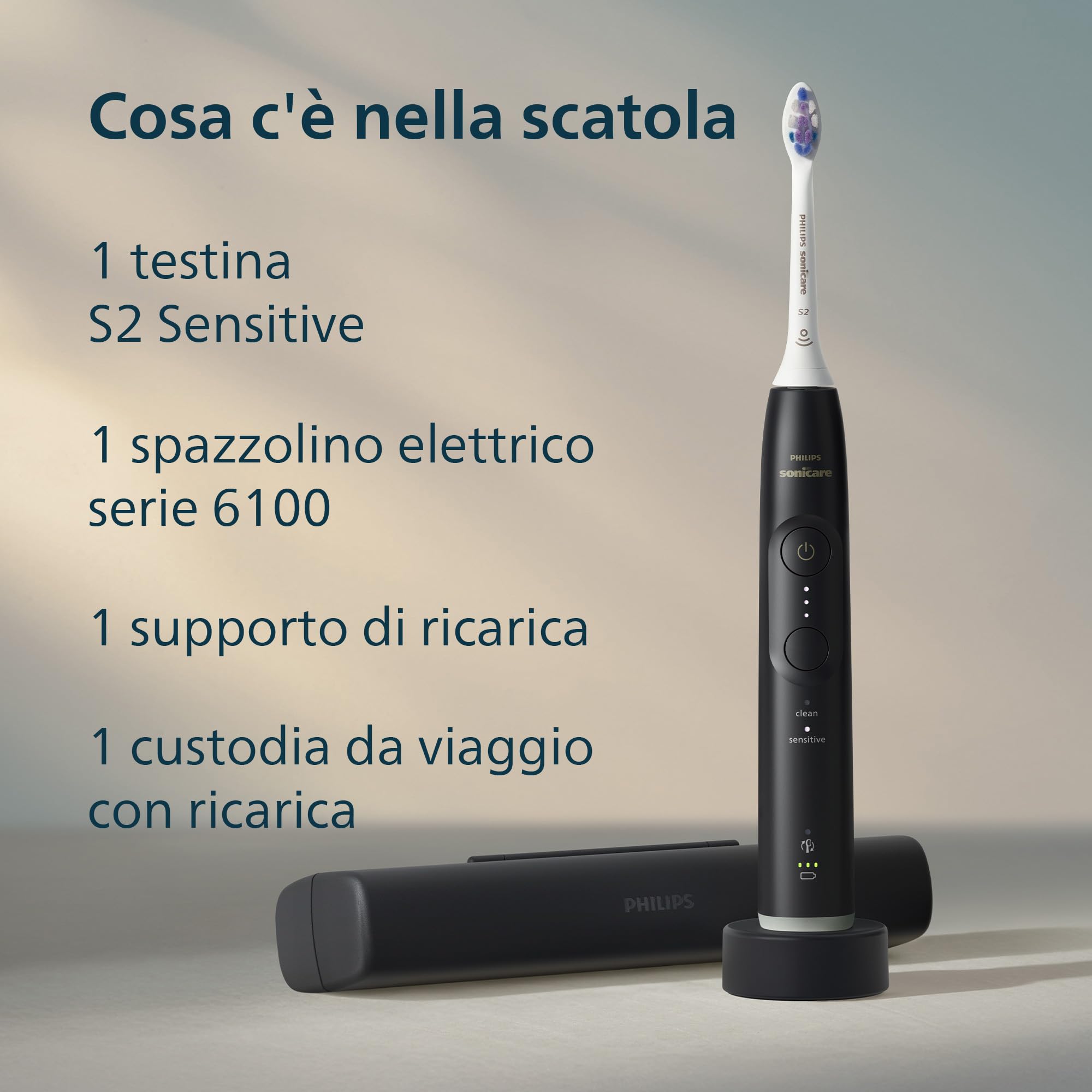 Philips Sonicare 6100, spazzolino elettrico sonico con 2 modalità di spazzolamento e 3 livelli di intensità, avviso di pressione, EasyStart, SmarTimer, nero, modello HX7401/07 [Nuova tecnologia]