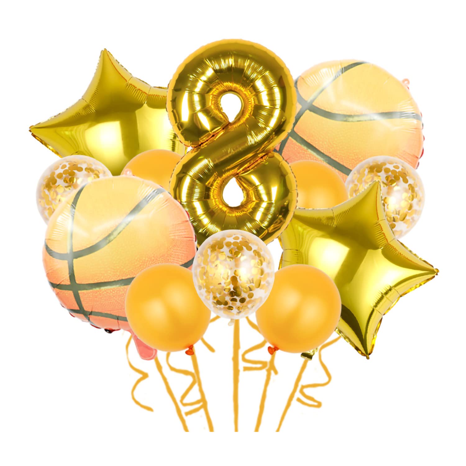 Chaungfu 12 Pcs Basketball Theme Balloons, Decorations Gold Confetti Balloon Foil Star For Sports 8th Birthday Party Supplies Number 8 Decoration