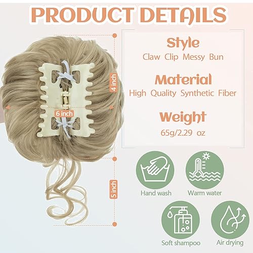 Miniatura 5 de S-noilite Extensiones de moño desordenado con clip de garra, moño falso con clip de garra, extensiones de cabello rubio rizado y ondulado,