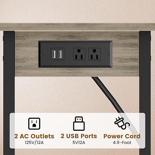 Miniatura 5 de Mesa auxiliar alta con estación de carga, mesita de noche delgada con puertos USB y tomas, mesa auxiliar estrecha de 3 niveles con almacenamiento