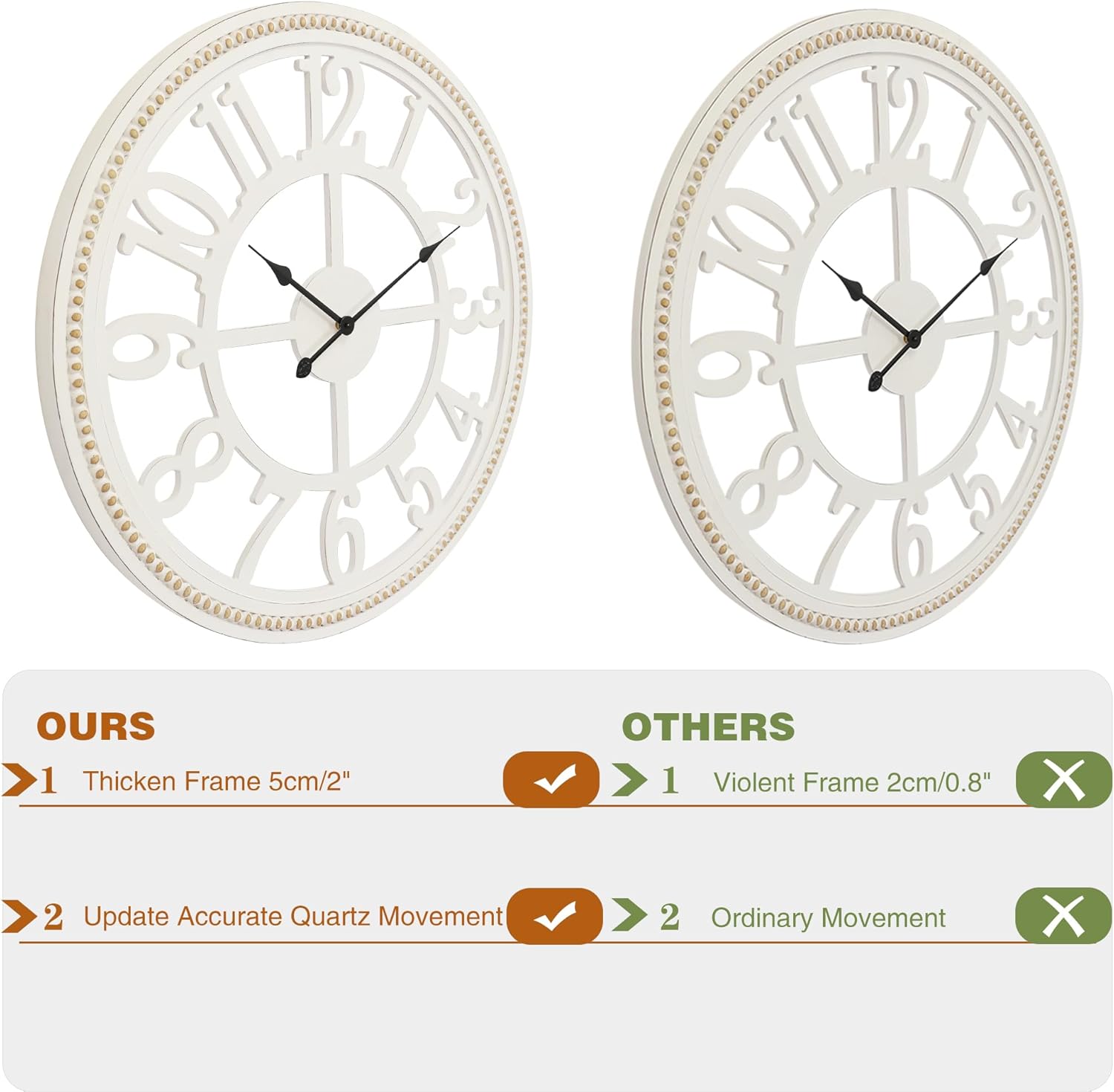 RiteSune Farmhouse Wall Clock 30 Inch, Large Wall Clock with Boho Beads, Wooden Silent Wall Clocks Battery Operated Easy Read, Clocks for Wall Decor