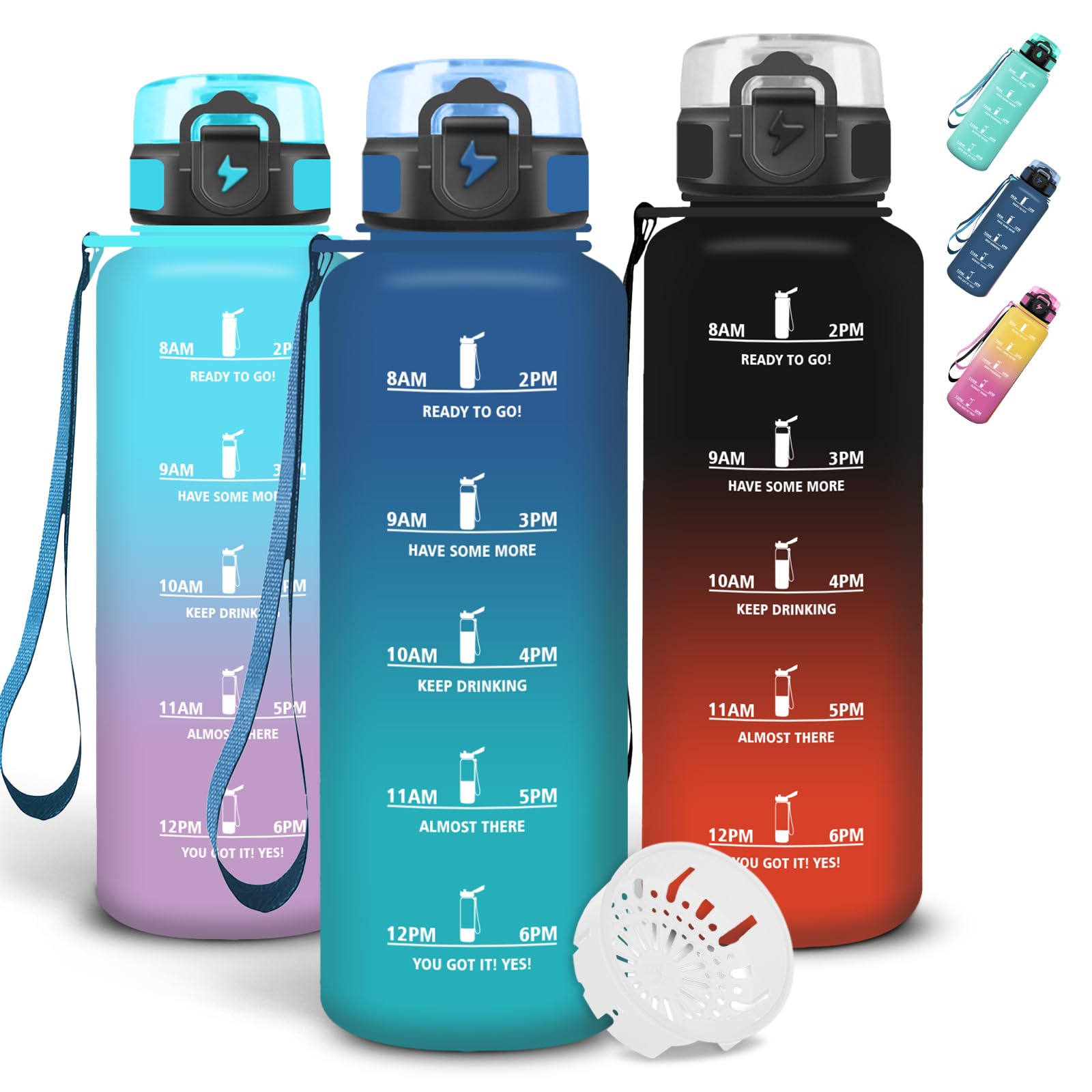 Grsta 1.5L Water Bottle Leakless Gym Water Bottle Motivational Easy Carry Time Indicator Graduated Bottle for Bicycling Running Work