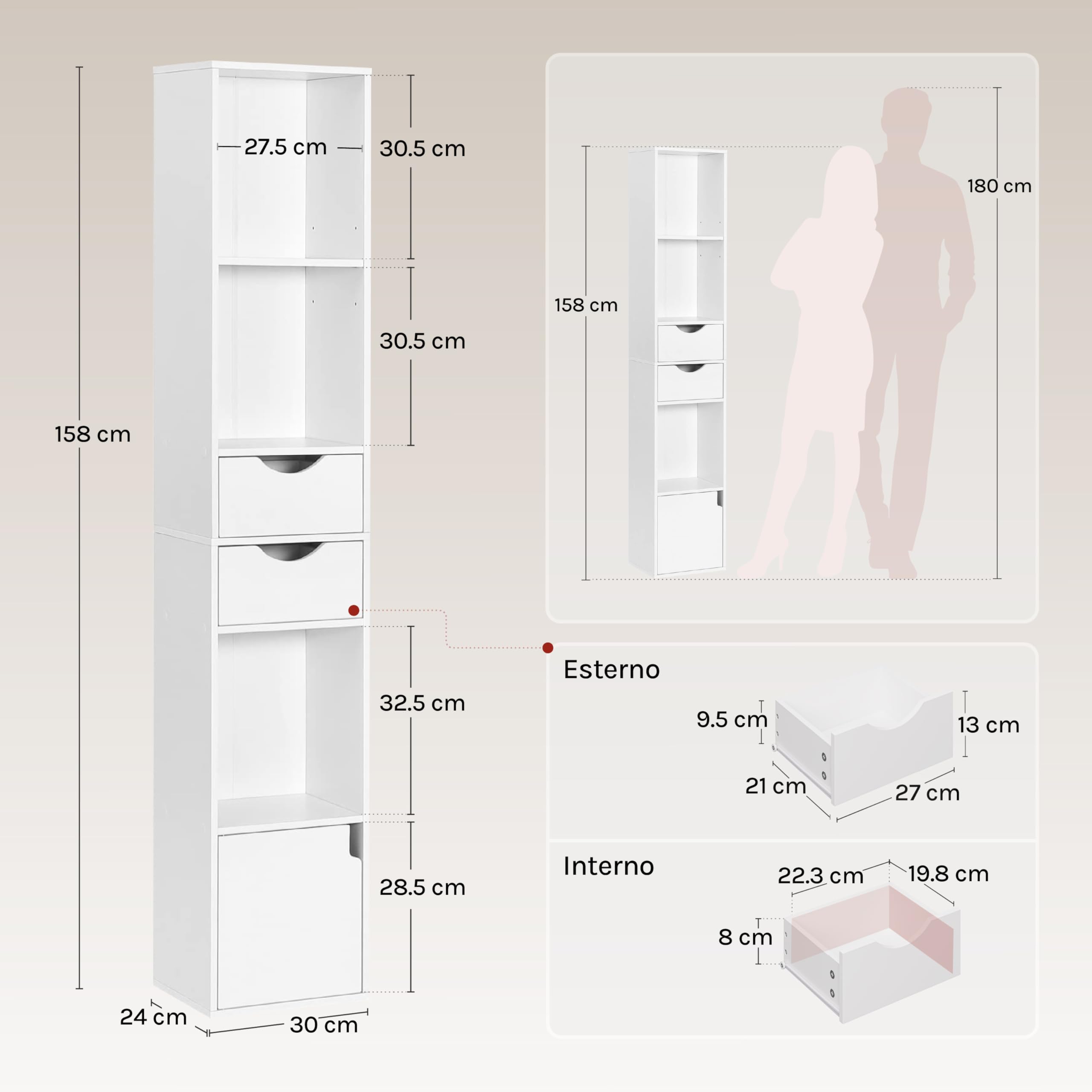 WOLTU Libreria Verticale, in Legno, con 3 Vani Aperti, 2 Cassetti e 1 Armadietto, Mobile Portaoggetti da Terra con Ripiano Regolabile, Bianco, 30x24x158cm