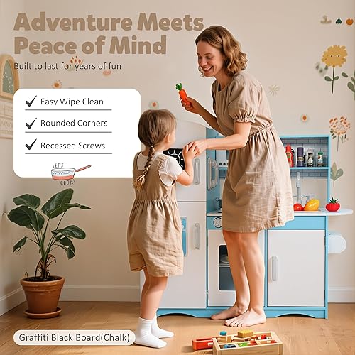 Miniatura 4 de Juego de cocina de madera para niños, modernos juegos de cocina de madera con estufa iluminada, horno, microondas y máquina de hielo, cocina de