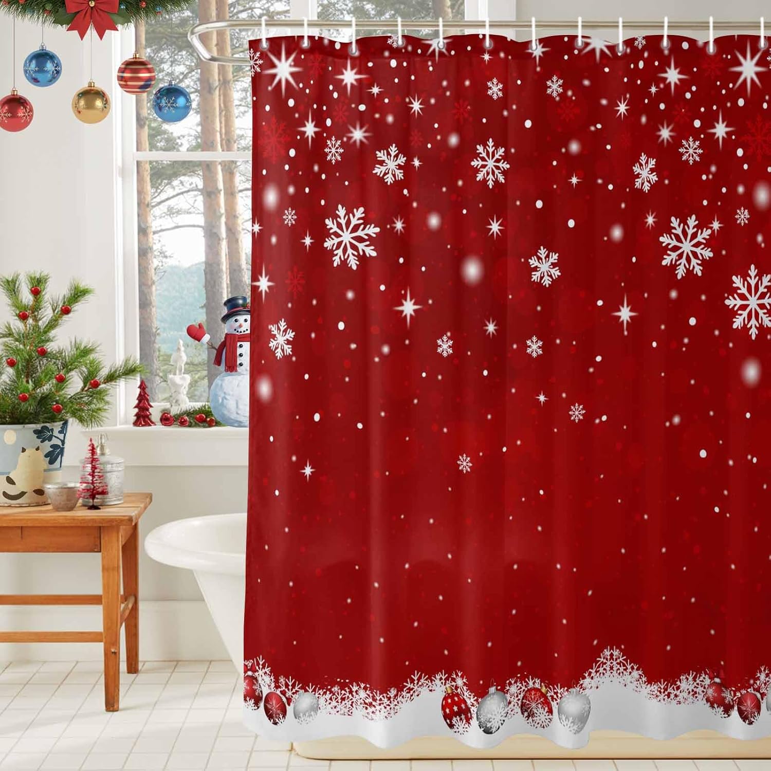 Red Christmas Shower Curtain, Snowflake Winter Stall Bathroom Curtains for Bathtub, Xmas Ball Waterproof Fabric Shower Curtain Set with 12 Hooks, Long 72" x 84"