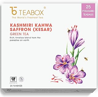 Teabox Kashmiri Kahwa Green Tea 1.13oz, 16 Teapac Teabags | Natural Ingredients: Saffron, Almond, Cardamom, Clove | Sealed-at-Source Freshness from India
