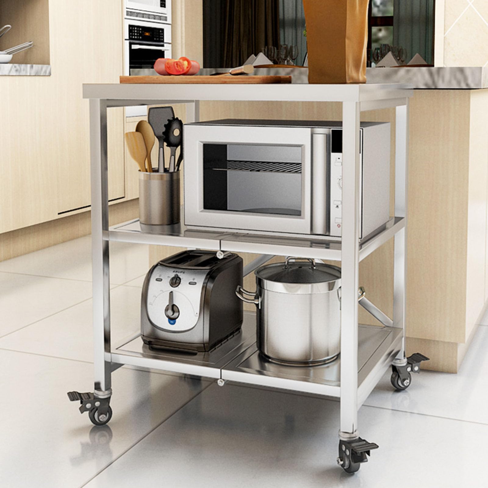Carrito de Servicio 3 Niveles Acero Inoxidable 60X45X80CM | Plegable, Con Ruedas, Multifuncional, Para Hotel Restaurantes Escuelas
