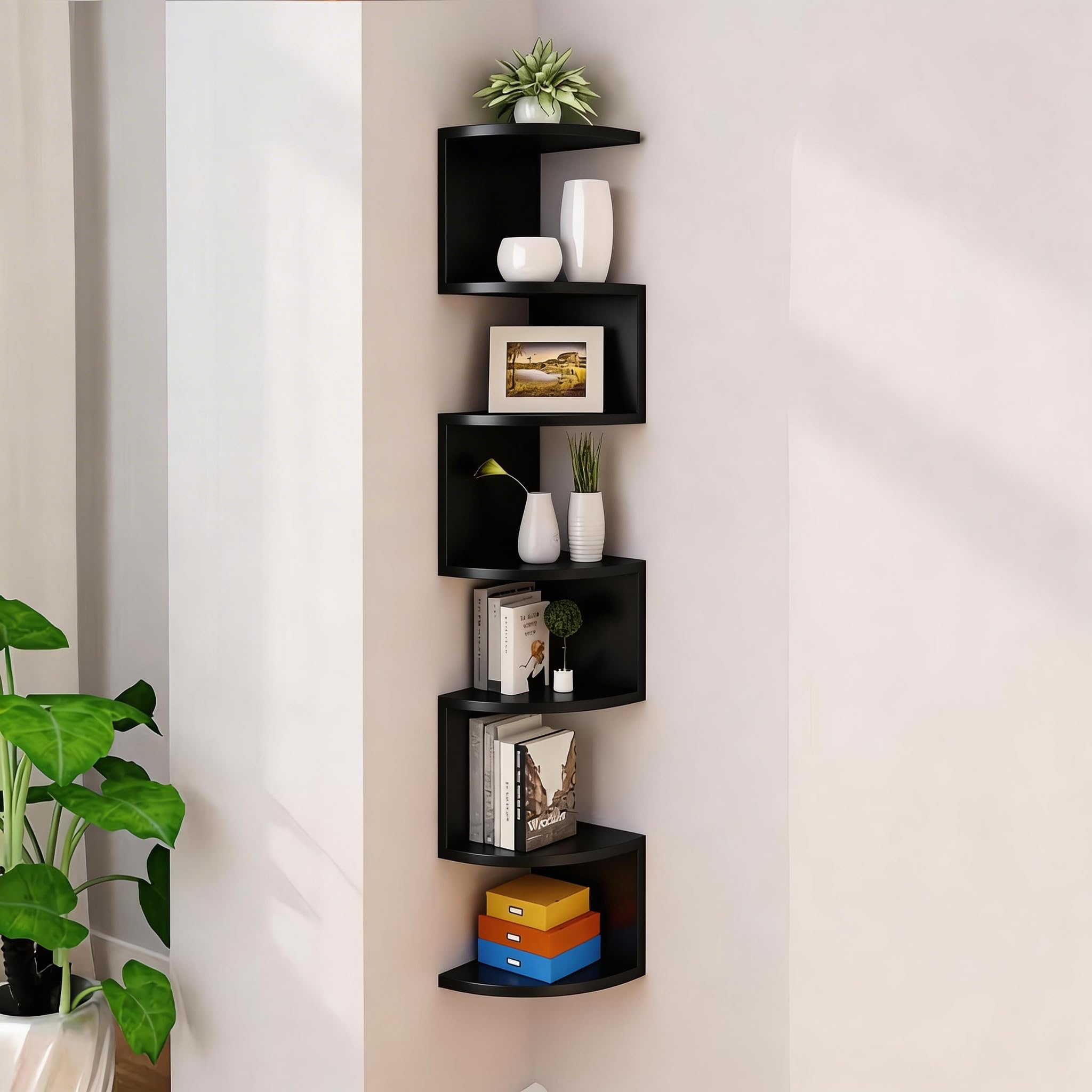 FRAWENLECO 7-Tier Corner Shelf Wall Mount, 10mm Thickened Screw-Mounted Floating Shelf with L-Shaped Brackets, Space-Saving Zigzag Storage for Bedroom, Living Room, Bathroom, Home Office – Black