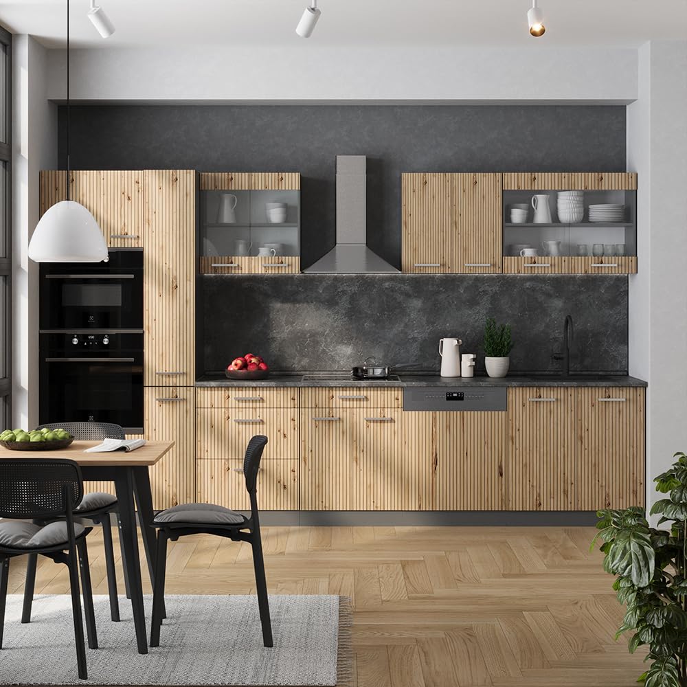 Vicco Cuisine R-Line, Chêne Artisan/Anthracite, 350cm avec Armoire Haute, PT Anthracite, adapté à Une Extension Flexible avec des modules supplémentaires