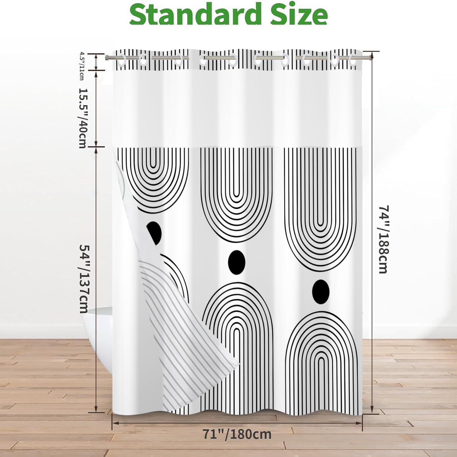 No Hook Shower Curtain with Snap in Liner, White and Black Mid Century Modern Arch Heavy Duty See Through Window Waterproof Machine Washable Bathroom Curtain 71" W x 74" L (Pack of 1)