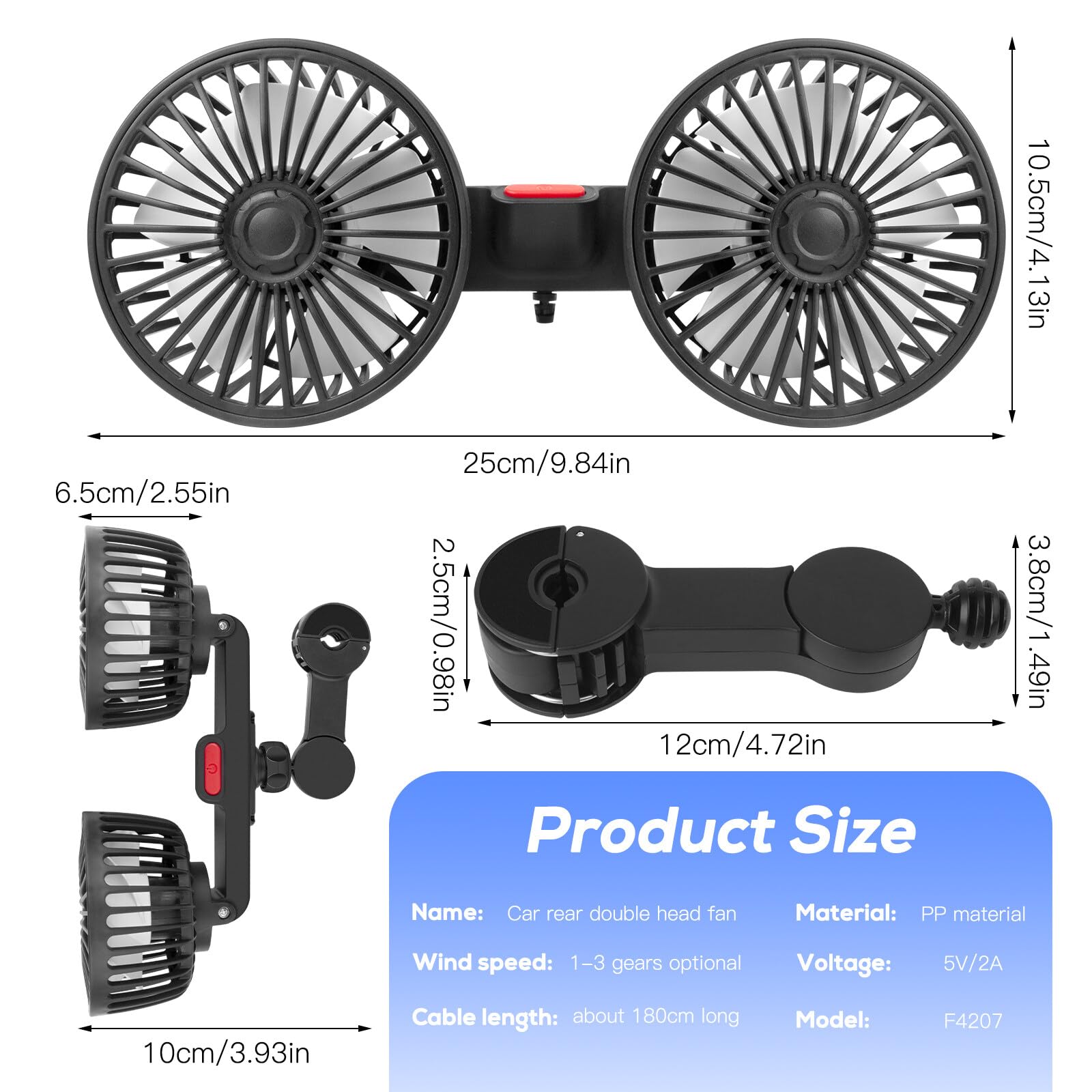 Ventilateur de voiture, 5 V 2 A, double tête, 3 vitesses, réglable, pour siège arrière, rotation à 360 °, USB