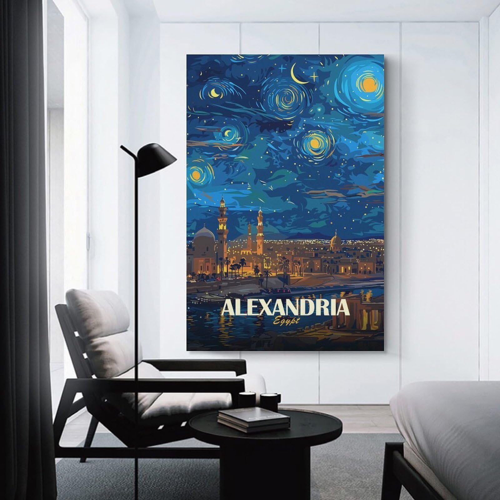 Junmoney Wall Decor Canvas Print Alexandria Egypt Starry Night Art, 20x30inch(50x75cm), for Study, Office Or Apartment Decor, Canvas Artwork with Gifting Potential