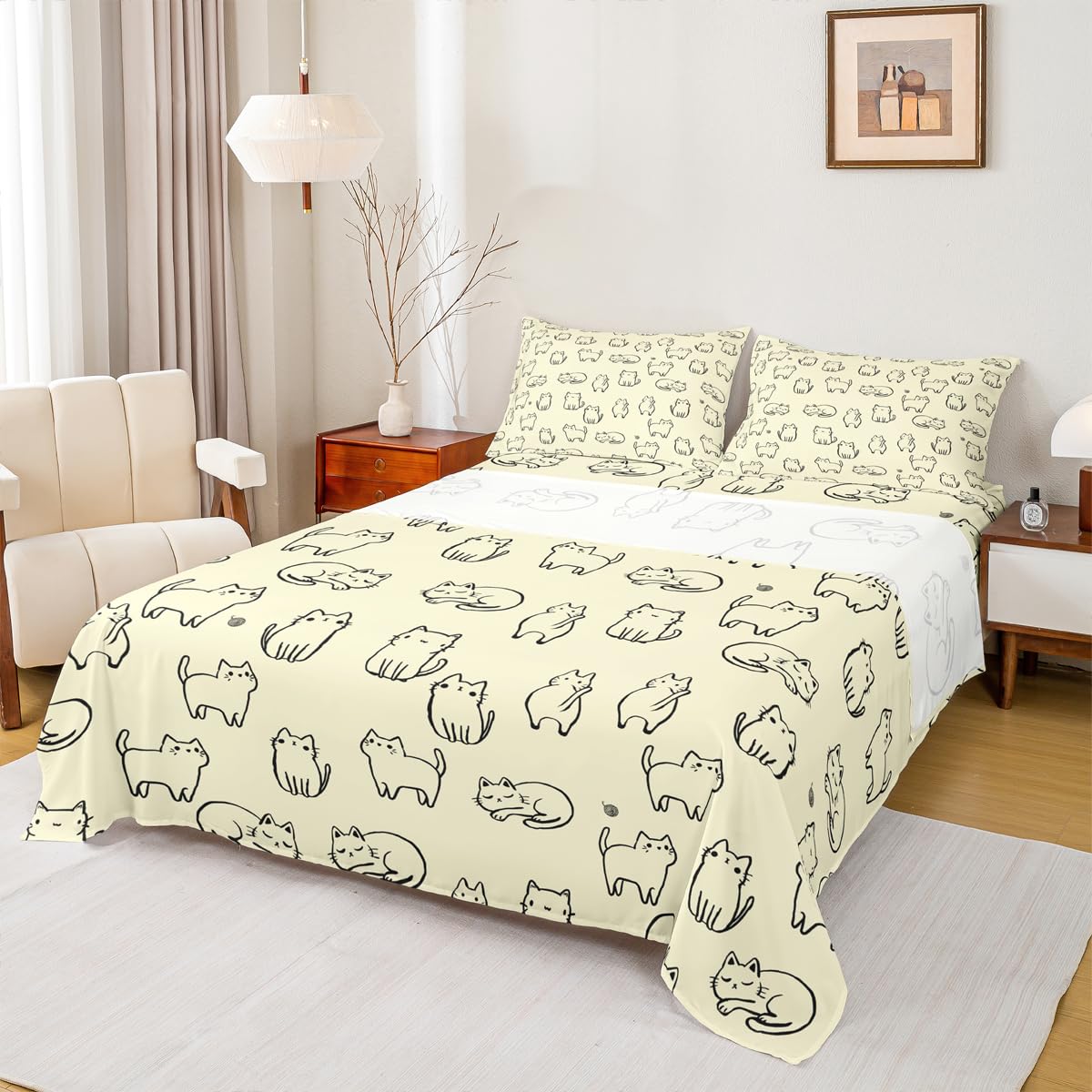 Kitten Silhouette Yellow Bed Sheet King Set,Cartoon Animals Pets Sheet Sets Adults Room Decoration,Kawaii Cat Bedding Set with Flat,Fitted Sheet,2 Pillow Cases
