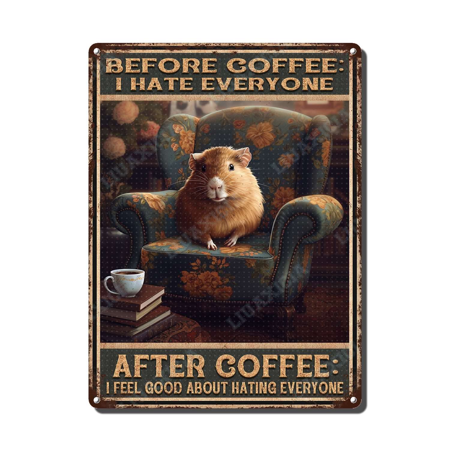 peiyeety Metal Tin Sign Before And After Coffee Hamster Vintage Decorative Wall Art,Retro Funny Coffee Lover Rustic Plaque for Home Kitchen Living Room Office,8x12 Inch