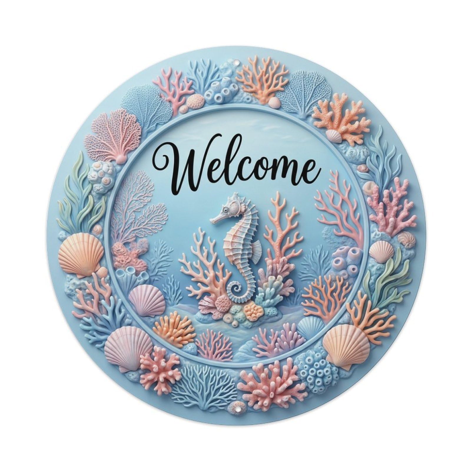 Metal Tin Sign Seahorse Coral Welcome Marine Garden