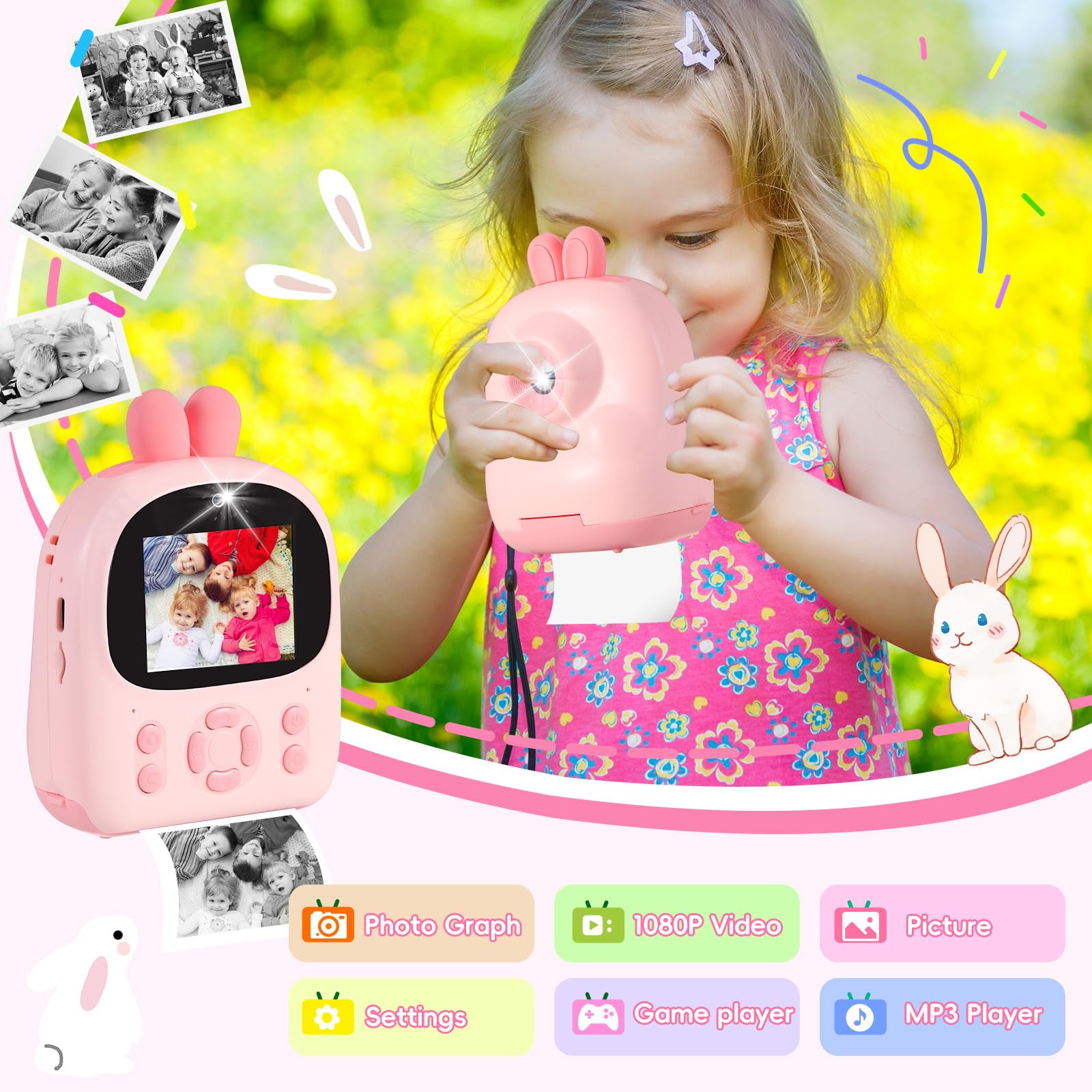 Appareil photo à impression instantanée pour enfants, caméras vidéo numériques HD 1080p avec papier d'impression 3 et carte de 32 Go, cadeau d'anniversaire pour filles et garçons âgés de 3 à 12 ans