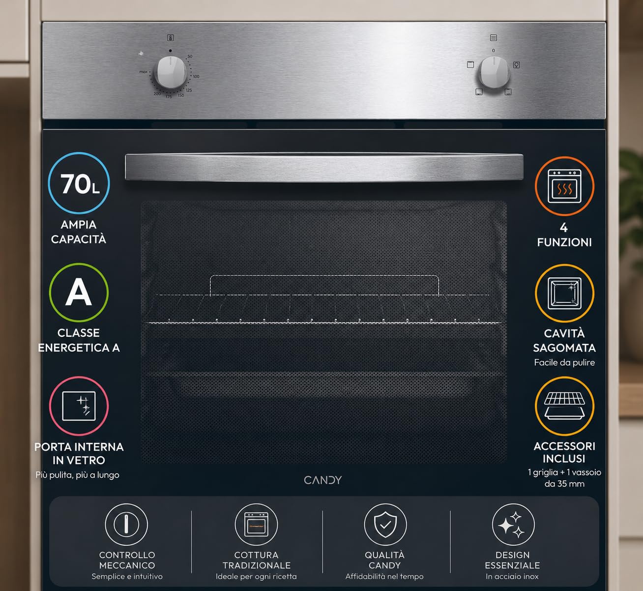 Candy FIDC X100IT Forno Elettrico Convenzionale, 70L, Classe A, Inox, 4 Funzioni, 59,5 x 59,5 x 56,8 cm