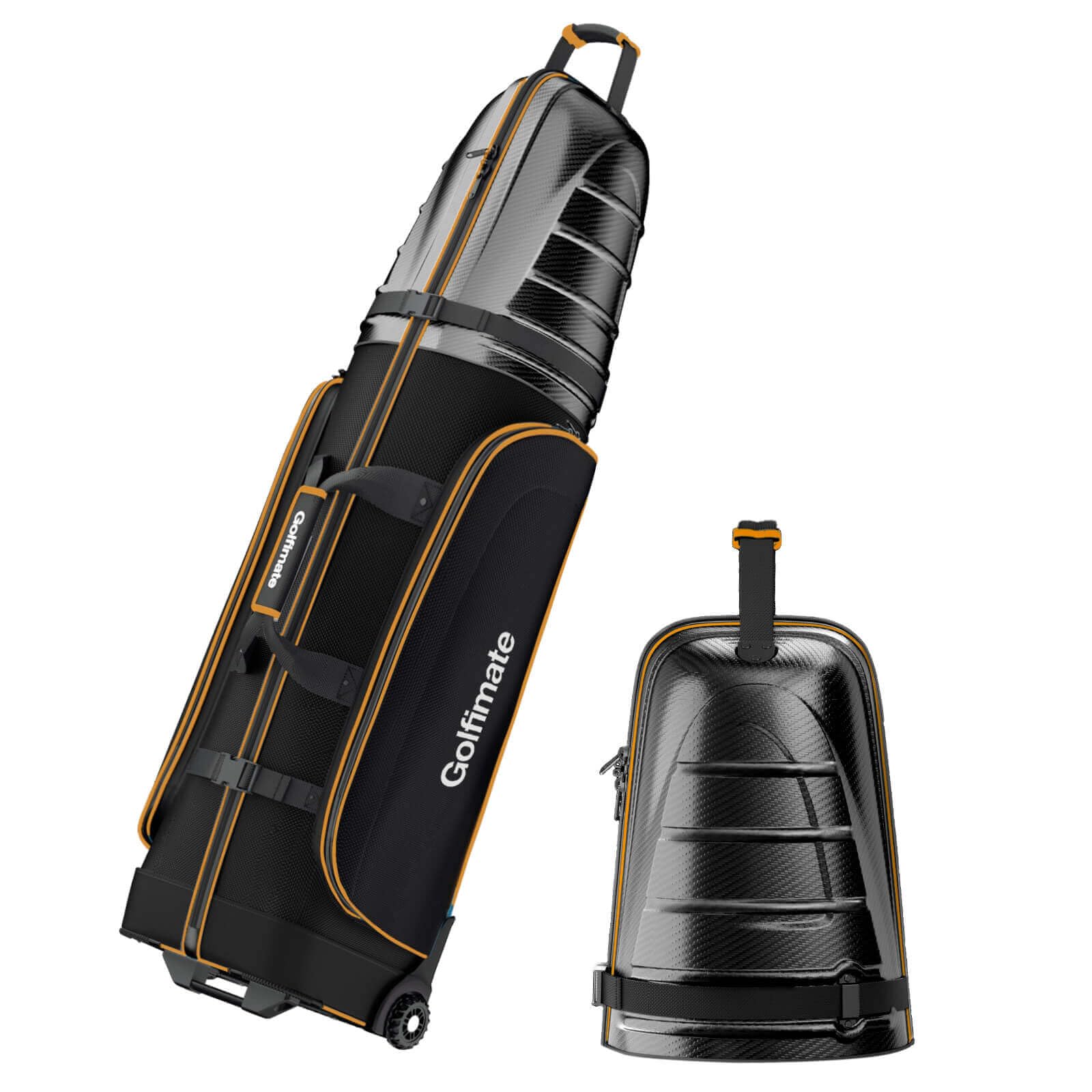 golf travel bag for airlines with carbon fiber look hard top, protective club traveling cover with wheel, golf club carrier case for airplanes, thick padding, durable zippers, 2 spacious side pockets