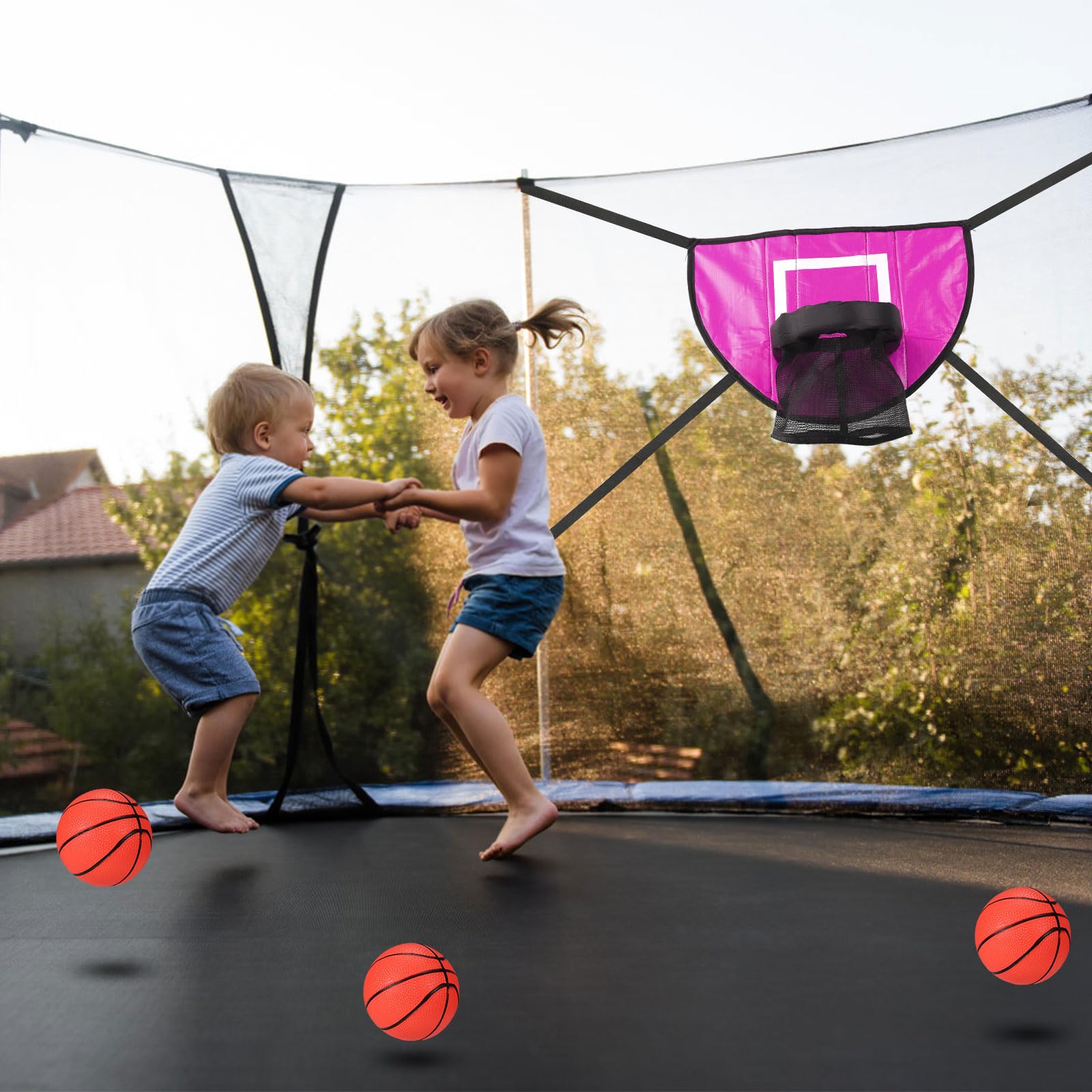 lasuroa Ensemble de Fixation Panier Basket-Ball Trampoline, But Basket-Ball Souple Trampoline avec 3 Mini Ballons Basket et 1 Pompe, Accessoires Trampoline Étanches pour Amateurs Basket-Ball (Rose)