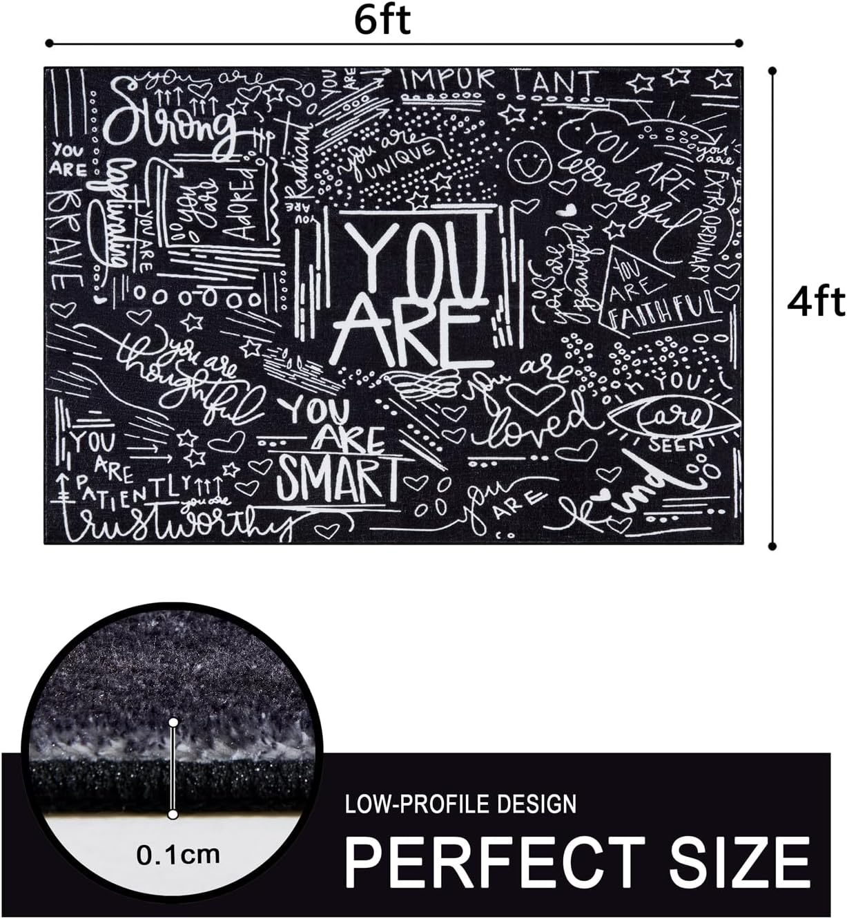 Estmy Cute Black You are Rug Washable, Fun Aesthetic Funky Teens Girls Bedroom Accent Carpet, Ultra Thin 4x6 Area Rugs for Living Room Classroom Kids Room Trendy Dorm College Carpet Unique Gift