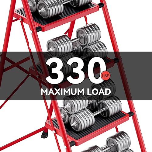 Miniatura 3 de KINGRACK Escalera plegable de 4 escalones, escalera de acero de seguridad resistente de alta resistencia con pasamanos y pedales anchos para