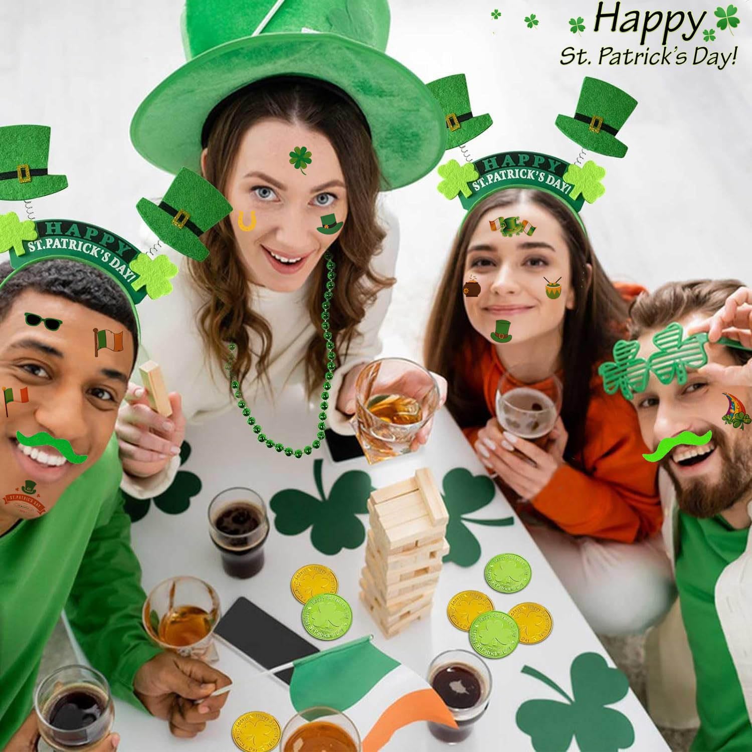 178Pcs St. Patricks Day Accessories Dressing-up Party Favors Set Shamrock Shutter Shades Glasses Necklaces Temporary Tattoos Mustache Coins for St Patricks Day Decorations Party Supplies