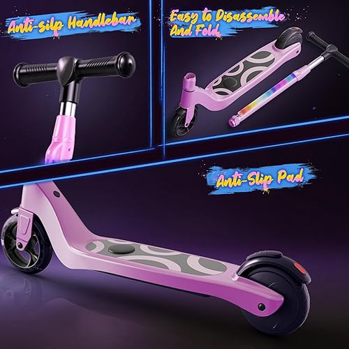 Miniatura 4 de Patinete eléctrico para niños de 6 a 12 años, scooter plegable con altura ajustable, motor de 80 W, 6 MPH, luces LED coloridas, frenos duales,