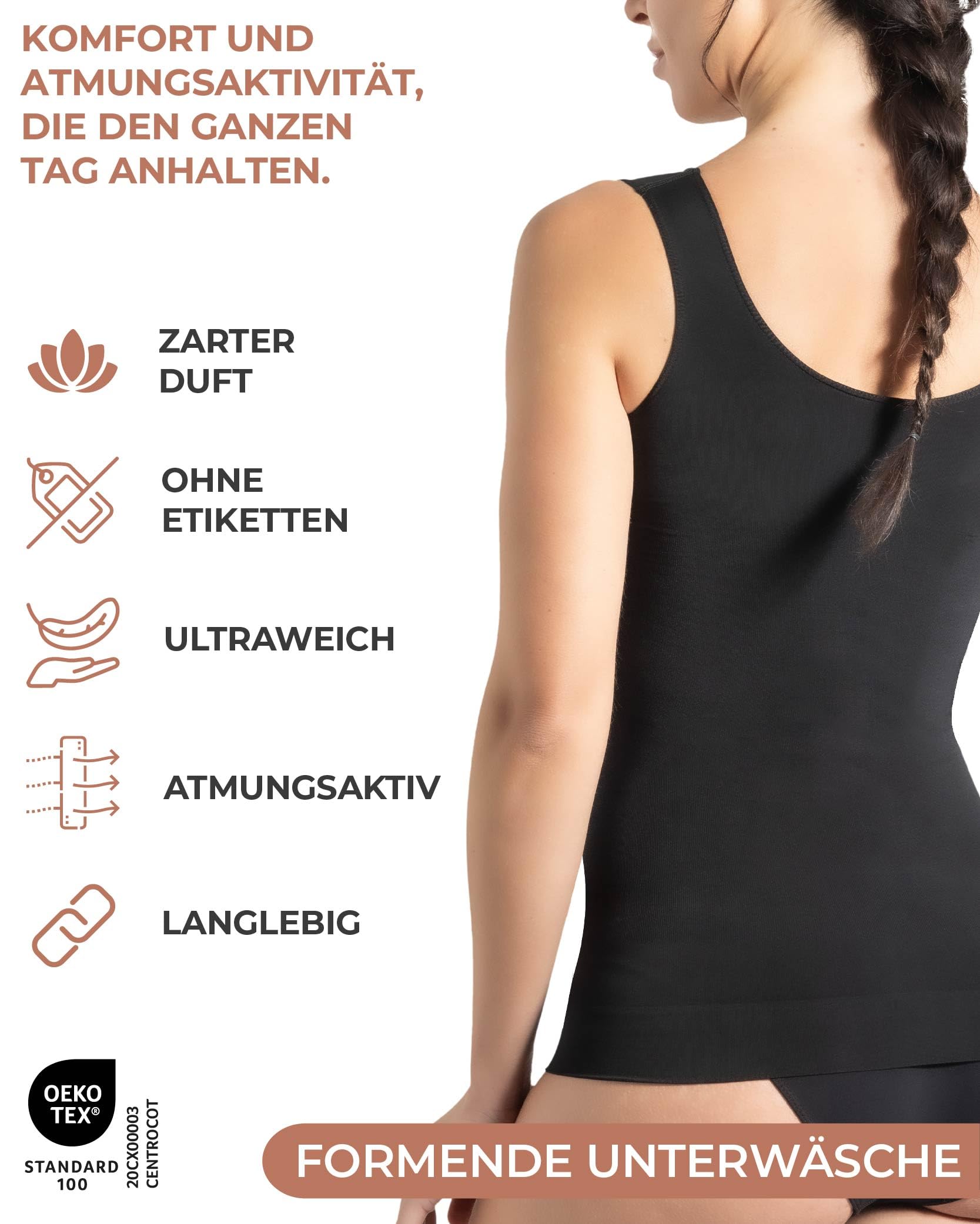 Risalti Shapewear Tanktop mit Breitträgern - Damen Top & BH ohne Bügel integriert, Bauchanschwemmung Tank Top - Made in Italy