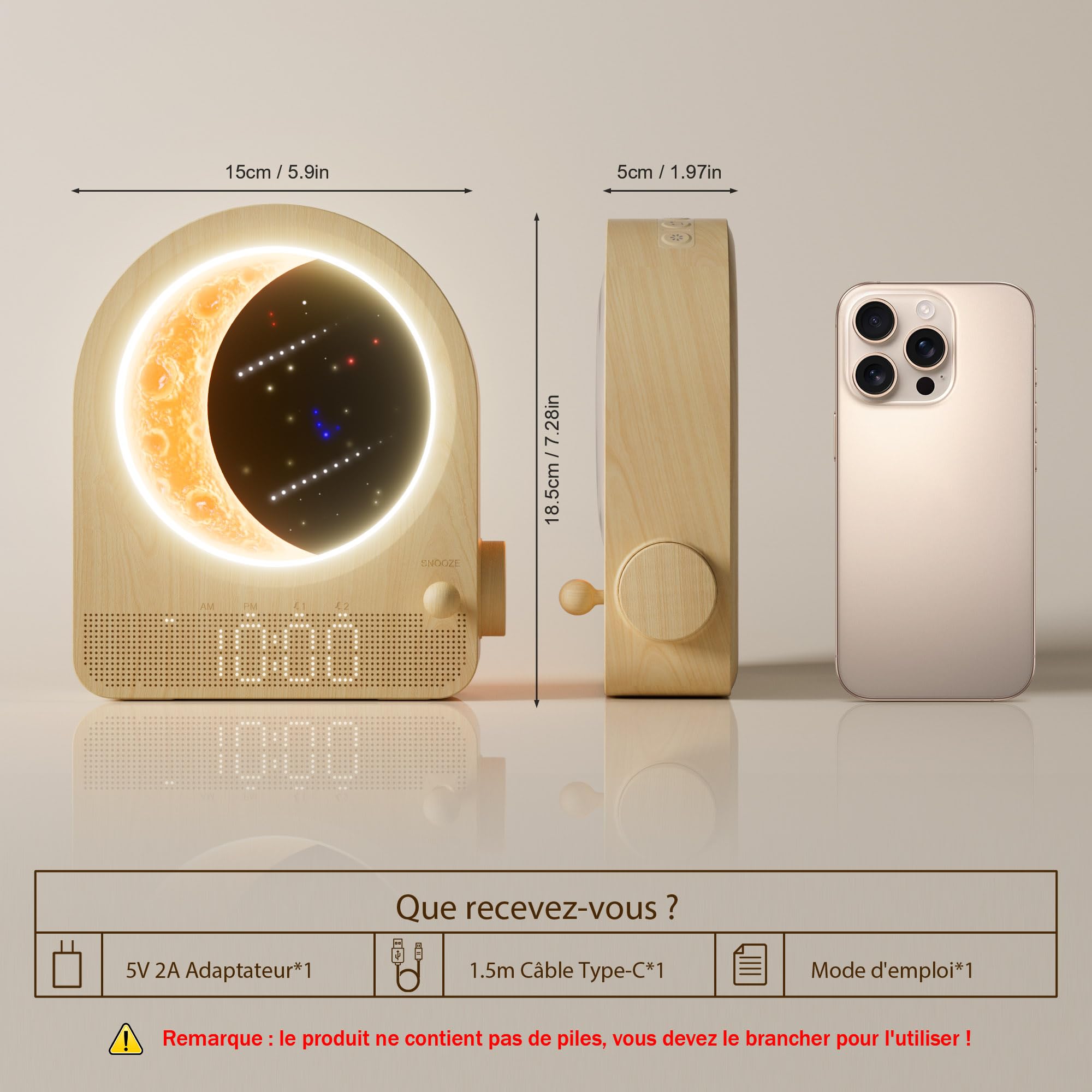 Blonbar Lampe de Lune Lumineuse avec Réveil et 3 Niveaux de Luminosité, Ambiance Naturelle avec 10 Sons
