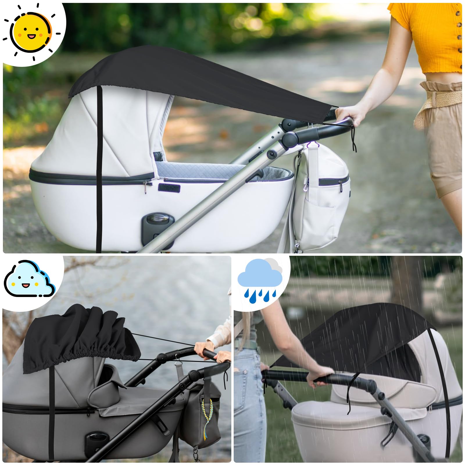 Bighan Pram Sun Shade Sunshade Cover Windproof and Waterproof Buggy Sun Shade for Baby Stroller Black - Image 4