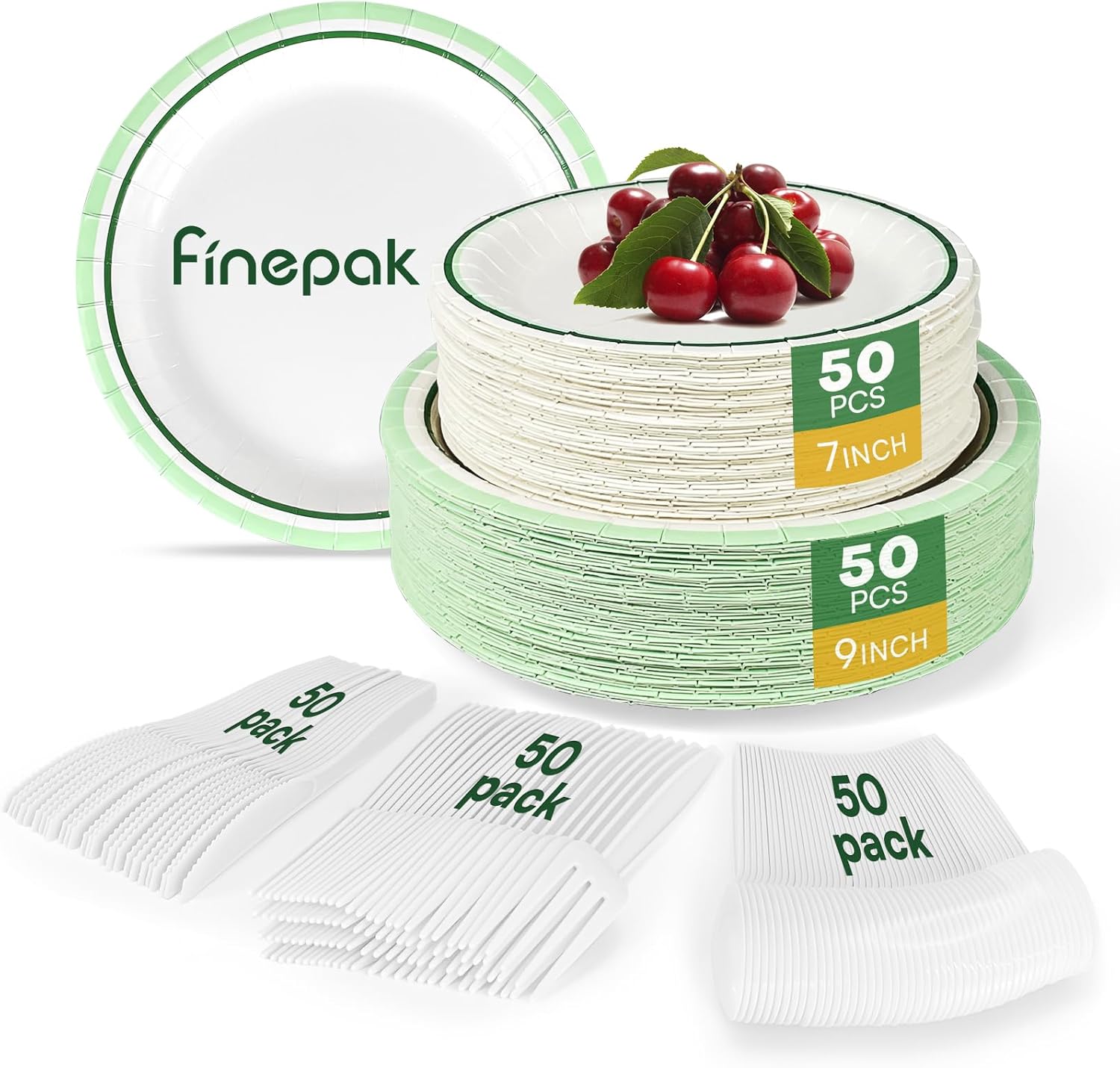 Paper Plates Disposable with Cutlery, 50 Serves Dinner Plates Sets, Heavy Duty Plates Disposable Supplies for Graduation/Retirement Party, Picnic, BBQ, Microwave, Breakfast, Lunch & Dinner