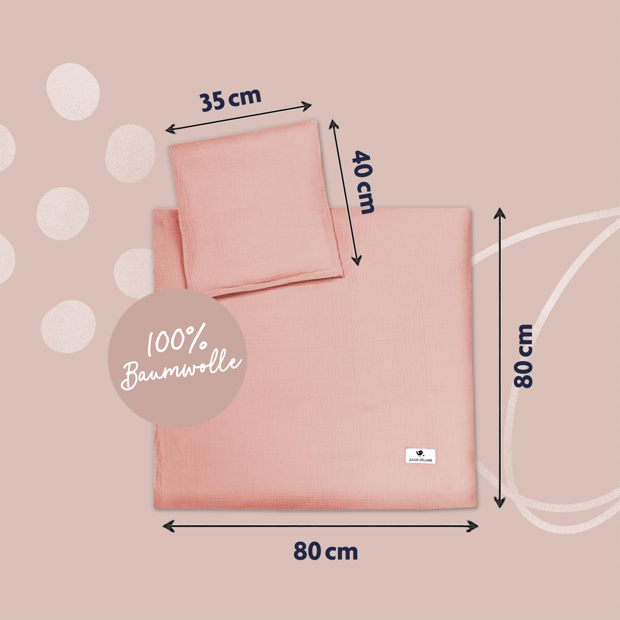 Julius Zöllner Mussola – Biancheria da letto per bambini 80 x 80 + 35 x 40 cm, set di 2 copripiumini e federa, 100% mussola di cotone, con chiusura lampo, Standard 100 by OEKO-TEX, Dusty Rose
