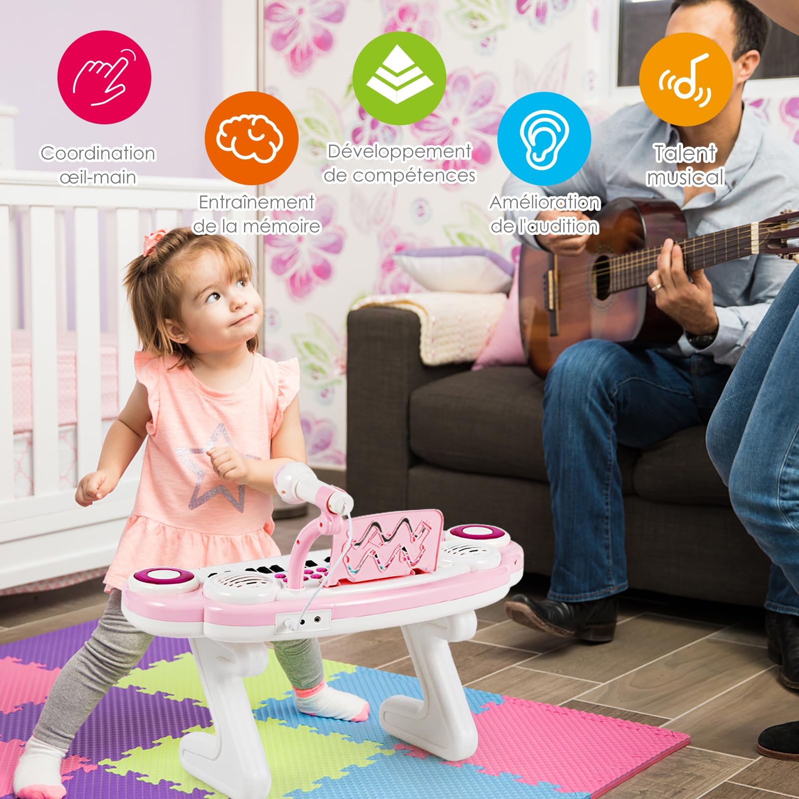 DREAMADE Piano Numérique pour Enfants 37 Touches, Clavier Électronique pour Enfants avec Microphone,Fonction d'Enregistrement et de Lecture,Effets d'Éclairage&Accessoires Abondants (Rose)