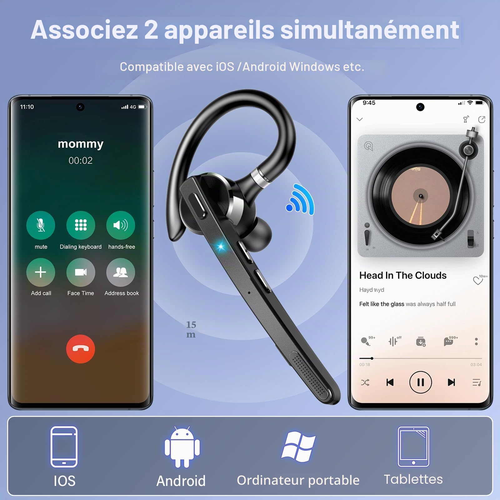 Oreillette Bluetooth sans Fil V5.3, 90H Main Libre Bluetooth Oreillette avec Dual Micro CVC8.0/ENC, Casques sans Fil avec Écran LED, APTX, Mic Mute Connexion de Deux Appareils pour Affaires/Bureau