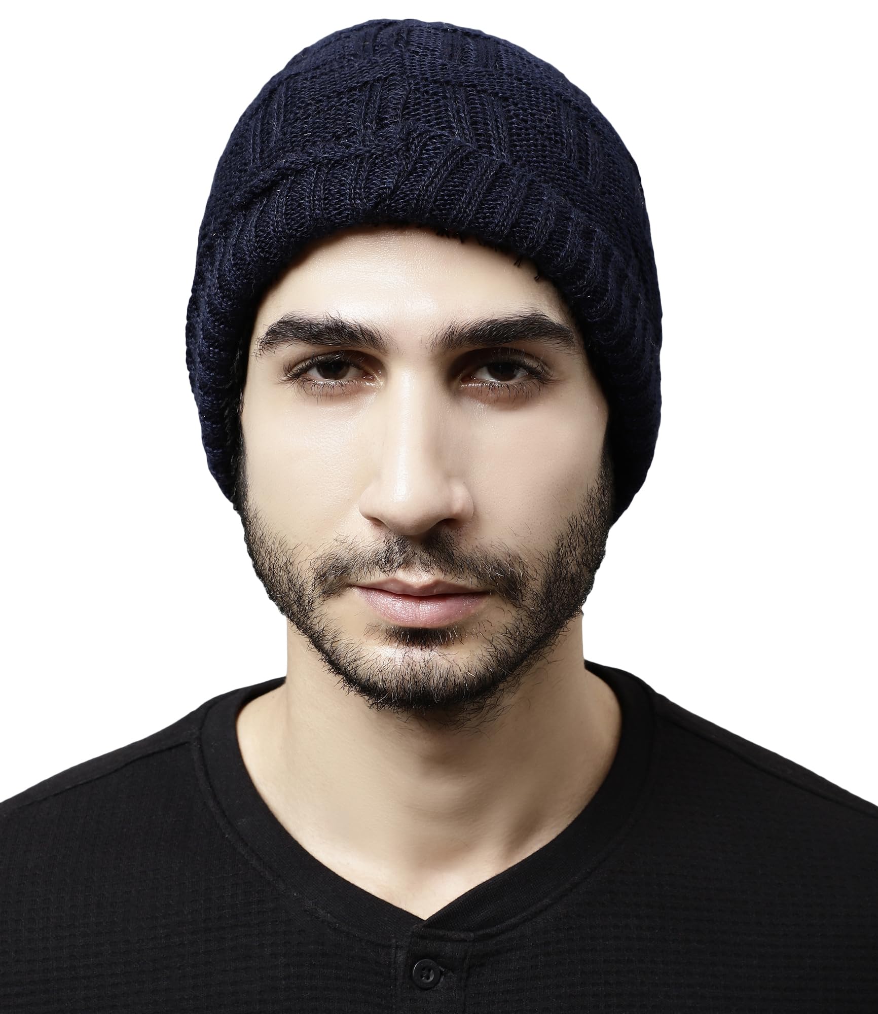 Weavers Villa Snow Proof Inside Fur Acro Wool Unisex Beanie Cap Knit Hat Thick Fleece Lined Winter Cap for Men & Women, Free Size… (Navy Blue) - Image 3 thumbnail