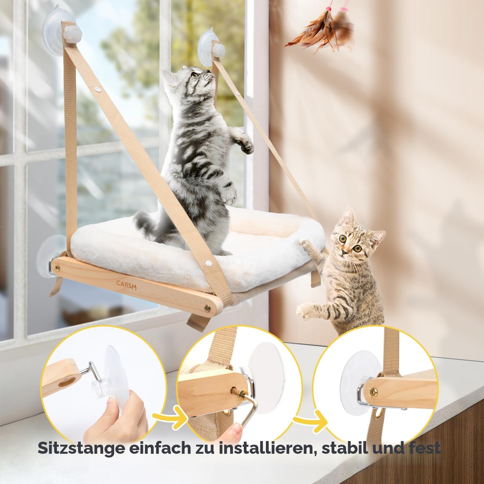 CATISM Faltbare Katzen Fensterliege mit Kissen bis 20 kg, Katzenhängematte Fenstersitz, Katzenfensterhängematten Bett für Indoor Katze, Große Katzen Sitzstange mit Stabilen Saugnapf (50 x 38 cm)