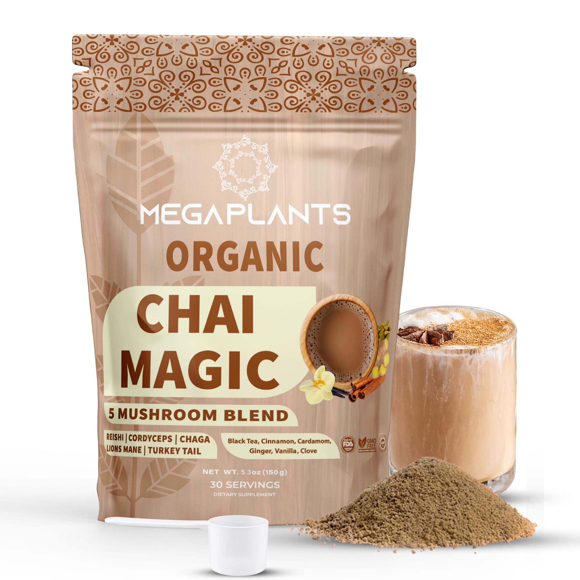Chai Magic (50 Servings) | Superfood 5 Mushroom Powder Blend for Focus, Clarity & Energy + Spiced Masala Chai Blend | Smoothie, Coffee Alternative