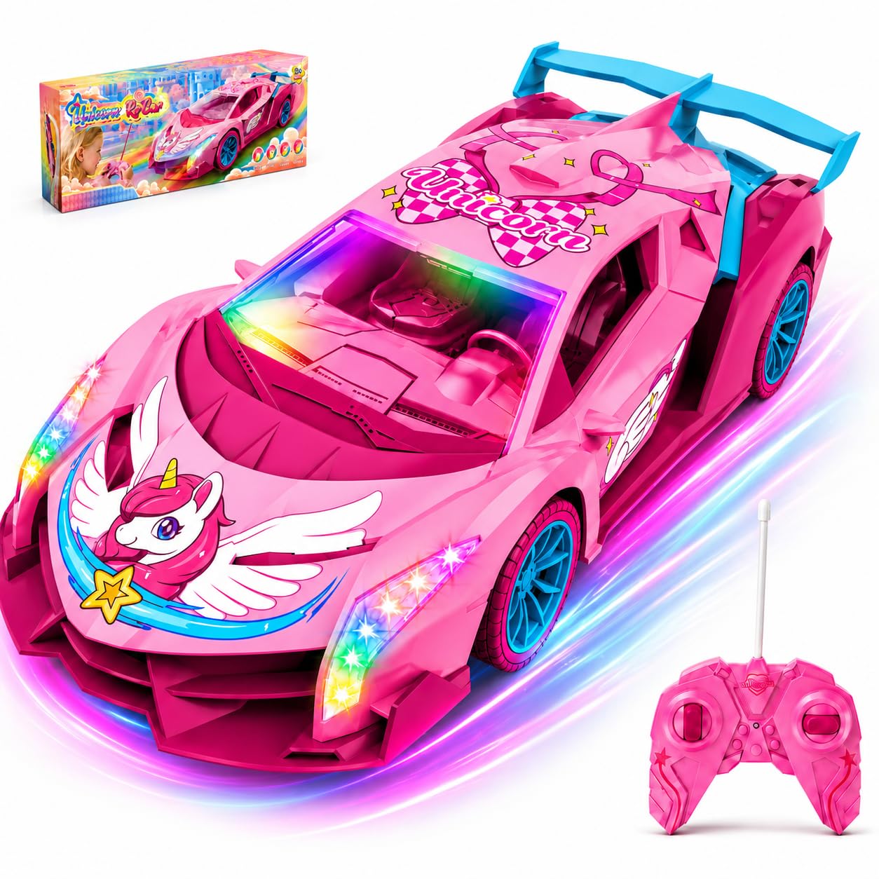 Unicorn RC Drift Car for Girls, 1:18 Remote Control Car with Multicolour LED Headlights, Dual Motors & Tail Drift, Pink Racing Car Toys for 3 4 5 6 7 8 9 Year Old Girls Birthday