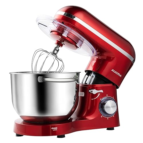 Aucma Stand Mixer,6.5-QT 660W 6-Speed Tilt-Head Food Mixer, Kitchen Electric Mixer with Dough Hook, Wire Whip & Beater 2 Layer Red Painting (6.5QT, Red) - 6.5QT - Red