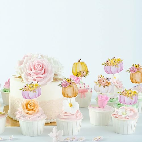 Miniatura 6 de Gyufise 36 decoraciones de calabaza para cupcakes de otoño, baby shower, decoración floral para pastel de calabaza para Acción de Gracias, otoño,