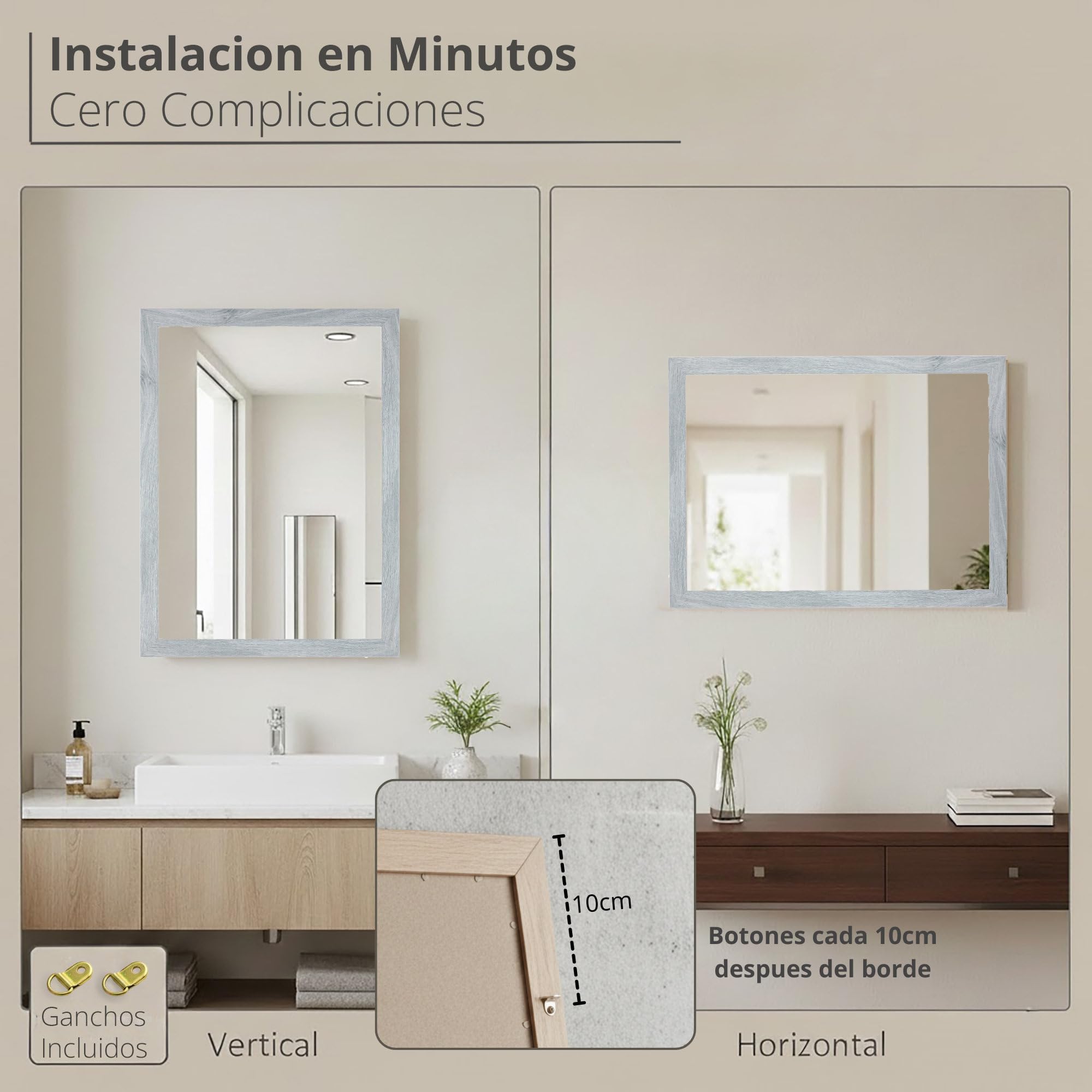 CHELY INTERMARKET MOD128 Espejo Pared Vertical Decorativo Grande Estilo Moderno Marco Madera Cuerpo Entero Elegante 60x80 cm Gris 2004 Ideal Recibidor Dormitorio Baño Incluye Kit Montaje